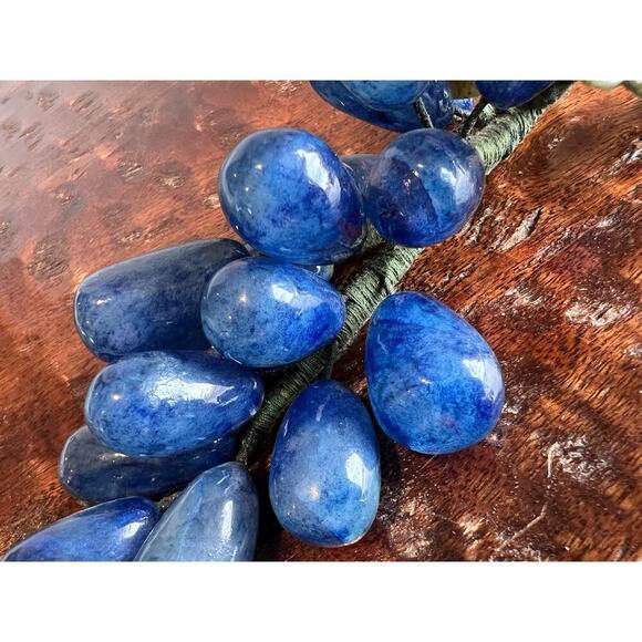 Vintage Blue Alabaster Marble Grapes Bunch Rare Carved Italy Green Stone Leaves - Picture 2 of 13